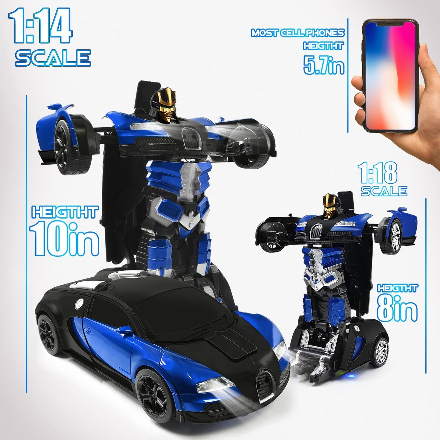Ficcug Remote Control Transforming Car Robot Toys,2.4GHz 1/14 Scale Transform RC Cars Toys with LED Lights / Sounds / Gesture Sensing for Kids Boys Girls Birthday Christmas Gifts