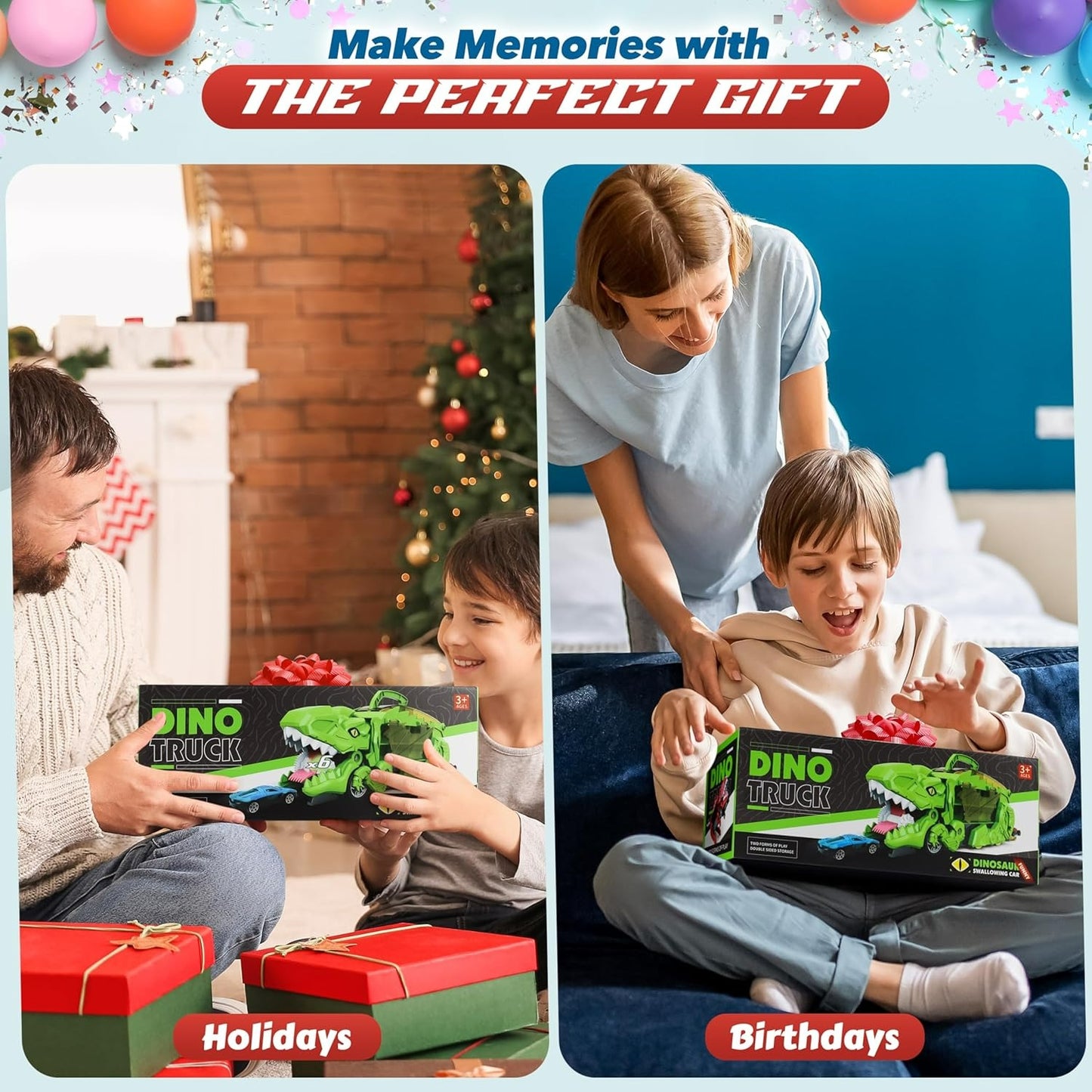 Ficcug Dinosaur Transport Truck Toy with 4 Metal Cars,3-in-1 Dino Hauler with Sliding Race Tracks, Transforms into Triceratops,Gift for Boys Girls Kids Toddlers Ages 3-7