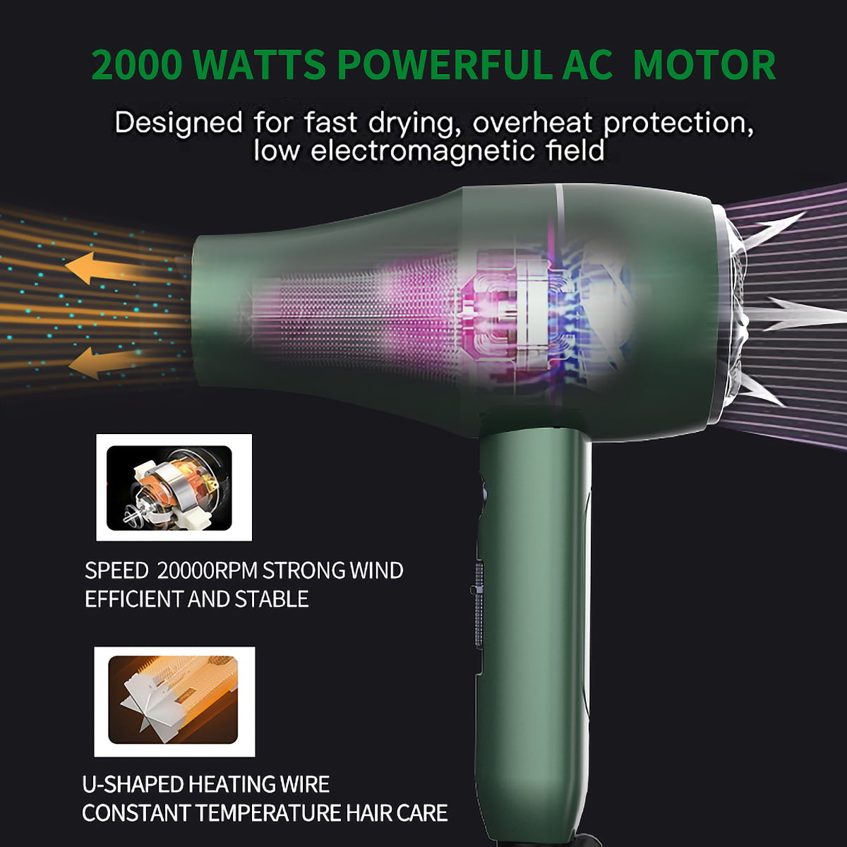 Ficcug Ionic Hair Dryer,Professional Blow Dryer Comb Lightweight with Diffuser, Negative Ion Technolog,3 Speed Hot/Cold Wind for Home Salon Travel,Green