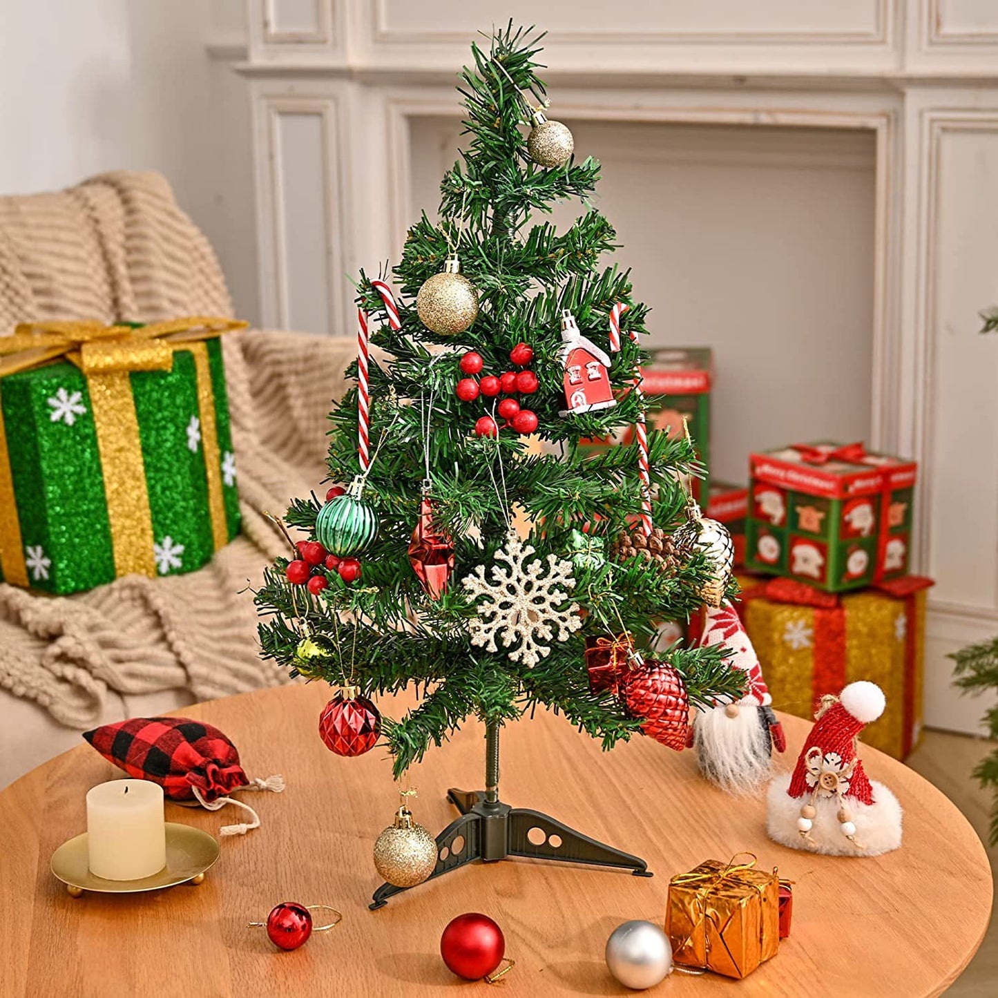 Ficcug Small Christmas Trees with LED Lights,24" Artificial Mini Tabletop Christmas Tree Pine Tree for Indoor Outdoor Xmas Holiday Decoration,Green