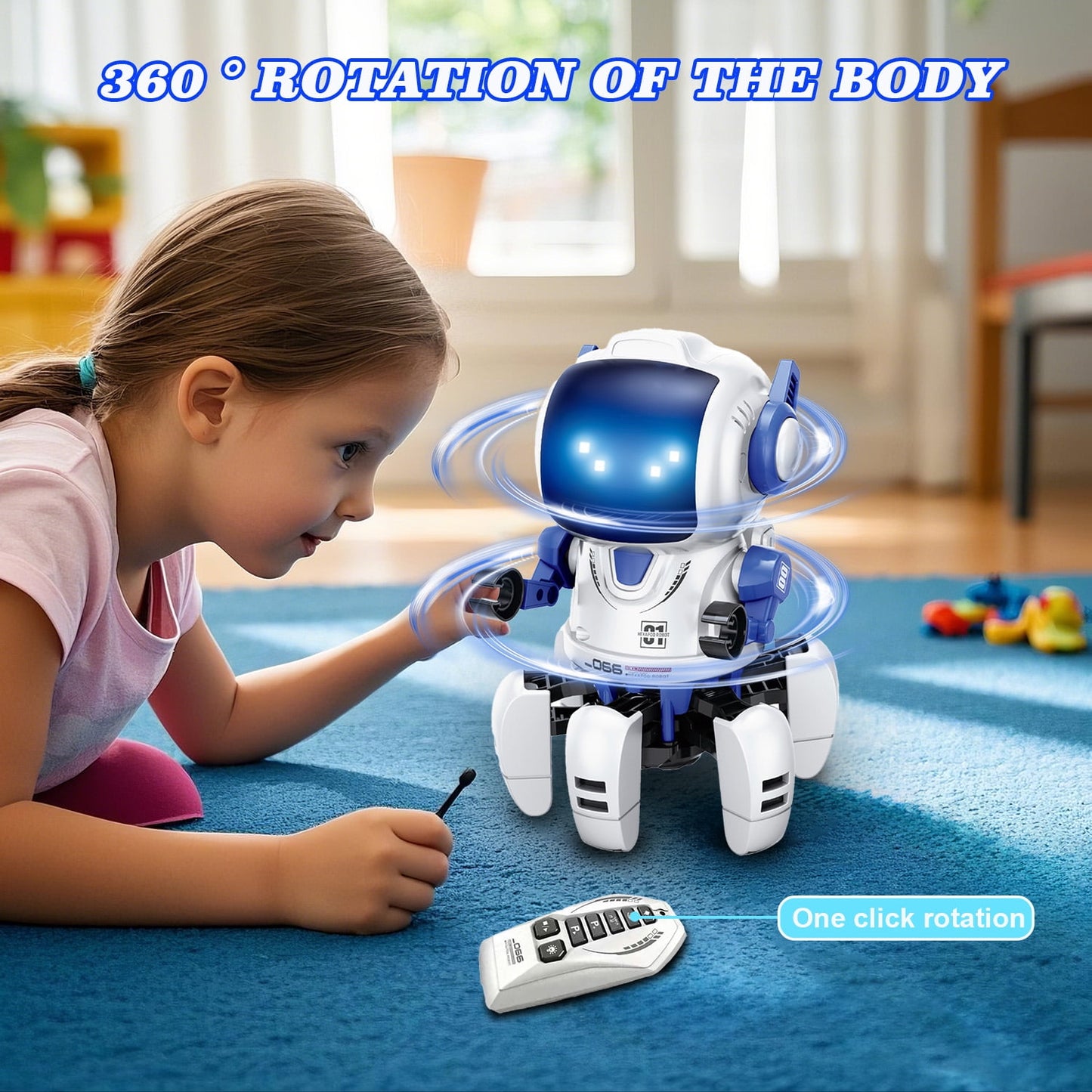 Ficcug Remote Control Robot Toys for Boys,360° Rotation Intelligent Programmable Educational Toys for Girls Kids Toddlers Ages 3-8,Blue