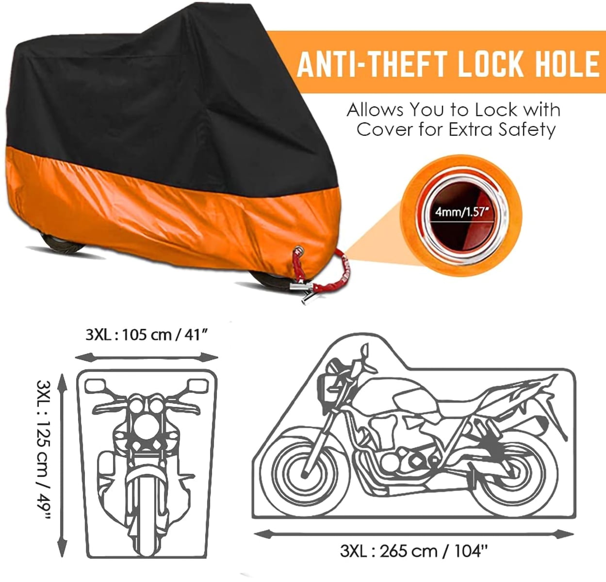 Ficcug Motorcycle Cover,XXXL 190T Waterproof Scooter Motorbike Cover Outdoor Indoor Dust and UV Protection with Storage Bag,for 105" Motorcycles Vehicle Cover
