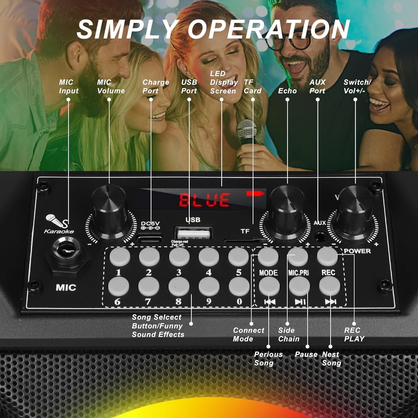 Burufy Bluetooth Karaoke Machine for Adults and Kids with 2 Wireless Microphone / PA System,Portable Singing Machine TWS Speaker System for Party Birthday