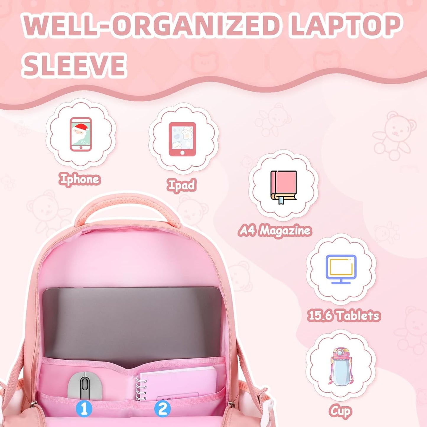 Ficcug School bags for Girls,15.6" Laptop Backpacks Lightweight Travel Bookbags for Kids Teens Women,Pink