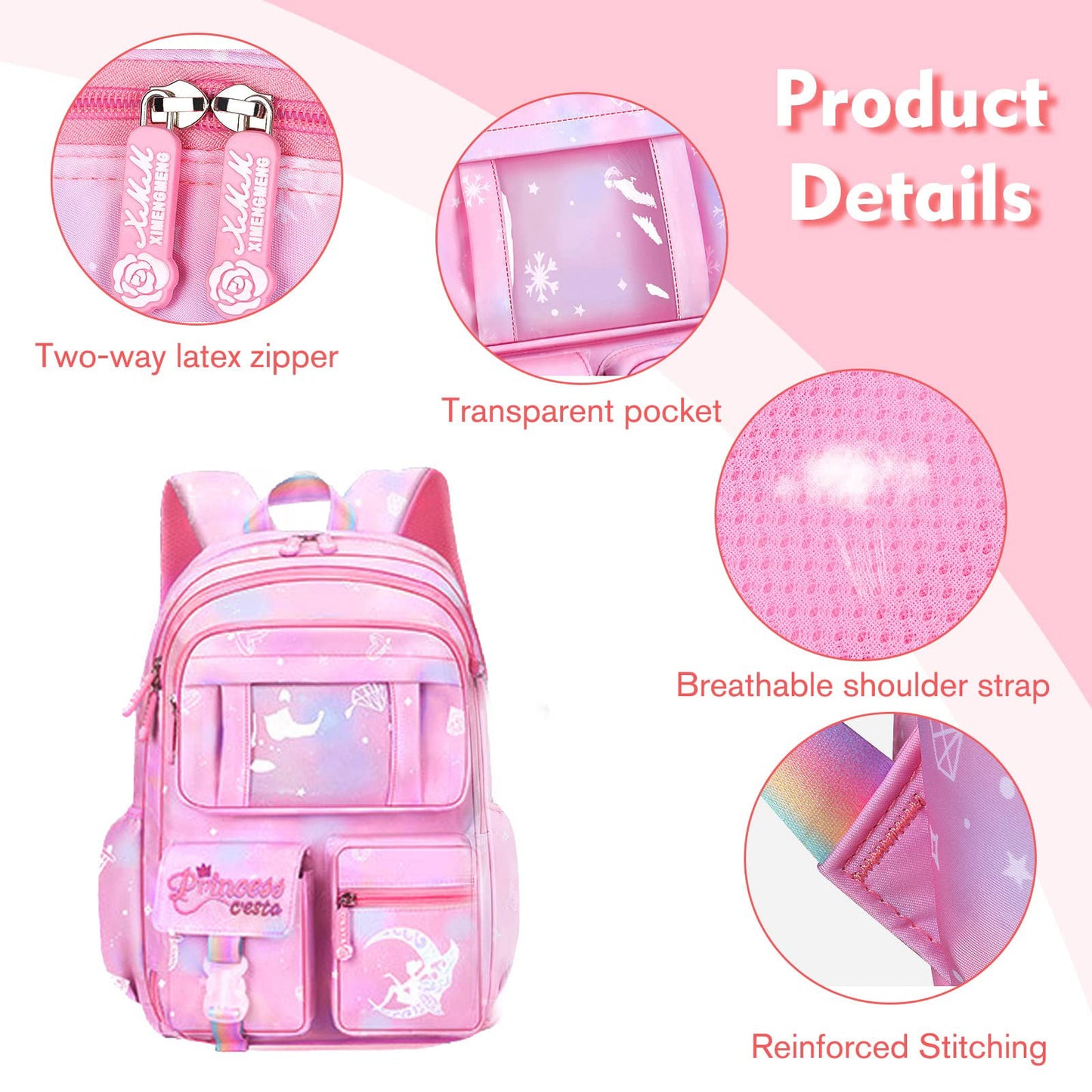 Ficcug Girls Backpack Elementary School Backpacks Cute Preschool Middle School Bag Kids Bookbag,Pink