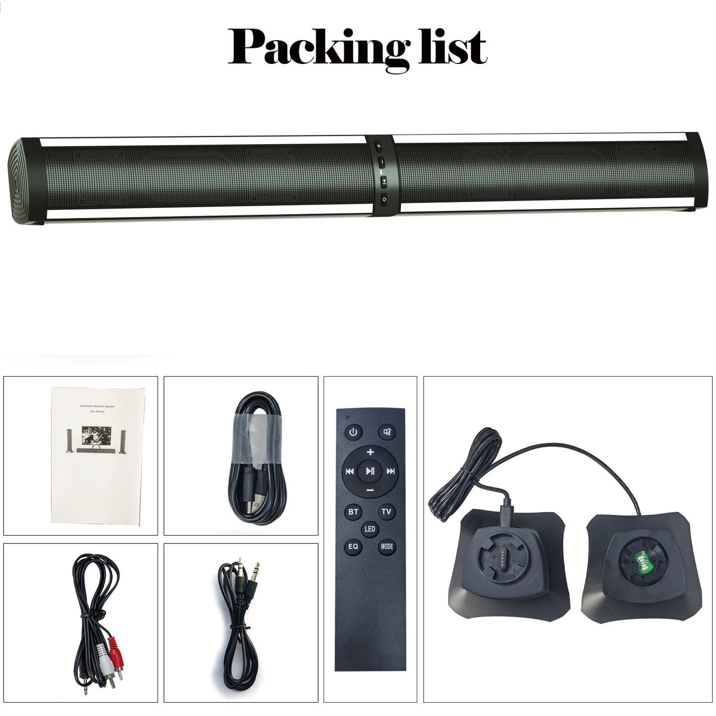 Ficcug 2.1 25in Sound Bars for TV Home Theater with 6 Built-in Subwoofers,3D Stereo Surround Bluetooth Speaker System,20W Foldable Split Wireless Soundbar, Black
