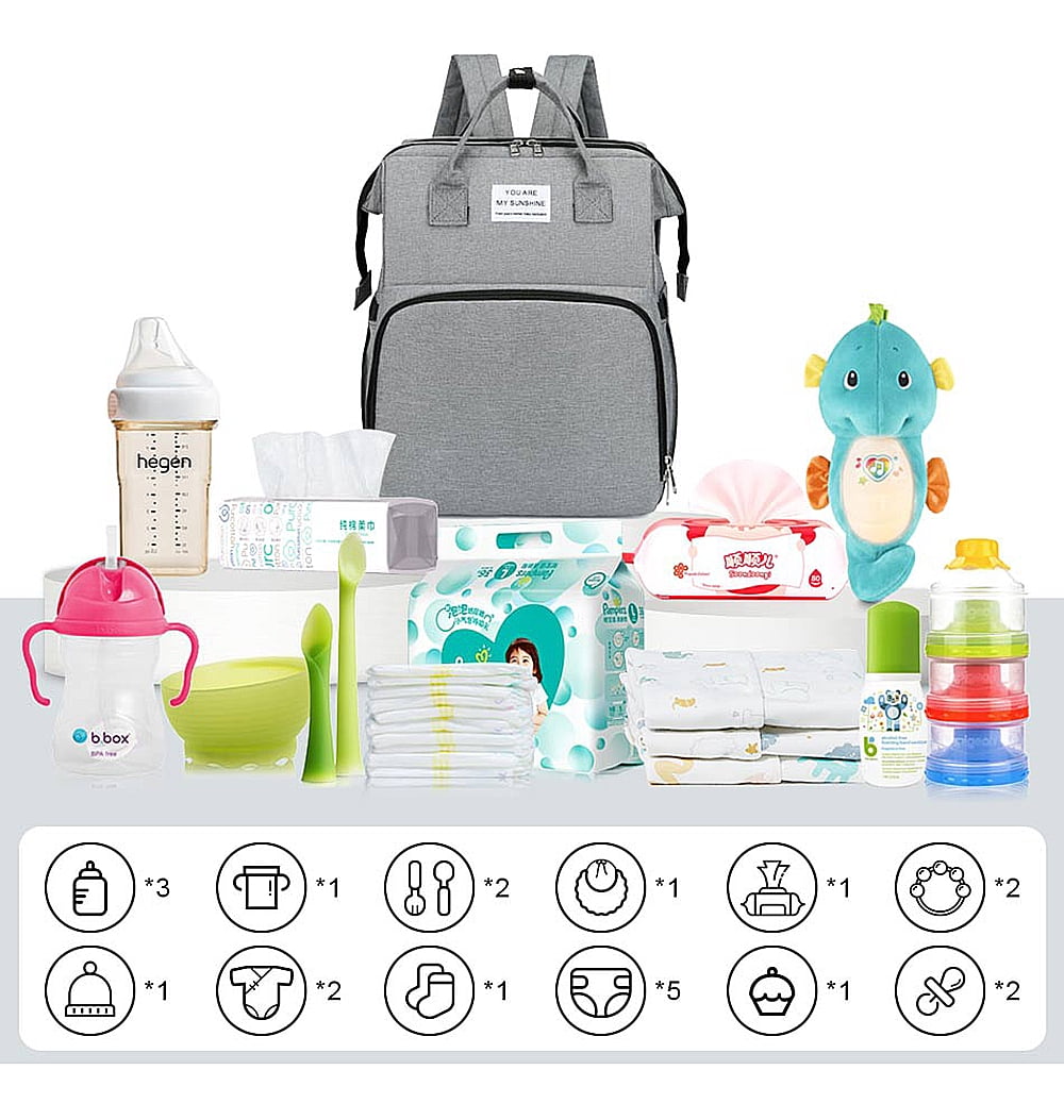 Ficcug Diaper Bag Backpacks,Waterproof Large Baby Nappy Bag with Baby Bed for Boys Girls,Unisex Baby Travel Portable Baby Changing Bag for Mom Dad,Gray