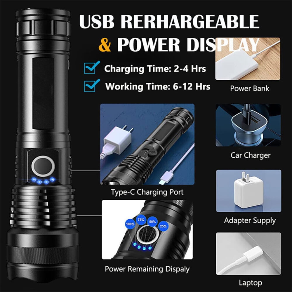 Ficcug Rechargeable LED Flashlight 90000 Lumens Powerful Zoom Torch with Battery for Outdoor Camping