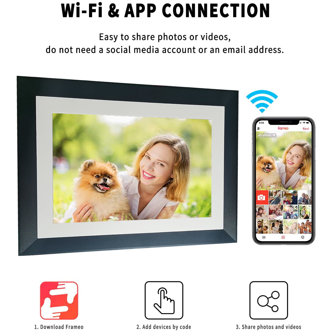 Ficcug Upgrade 10.1"Digital Picture Frame,16GB Wifi Smart Photo Frame,HD IPS Touch Screen,Easy Share Photos Videos via App from Anywhere,Perfect for Gift-Black