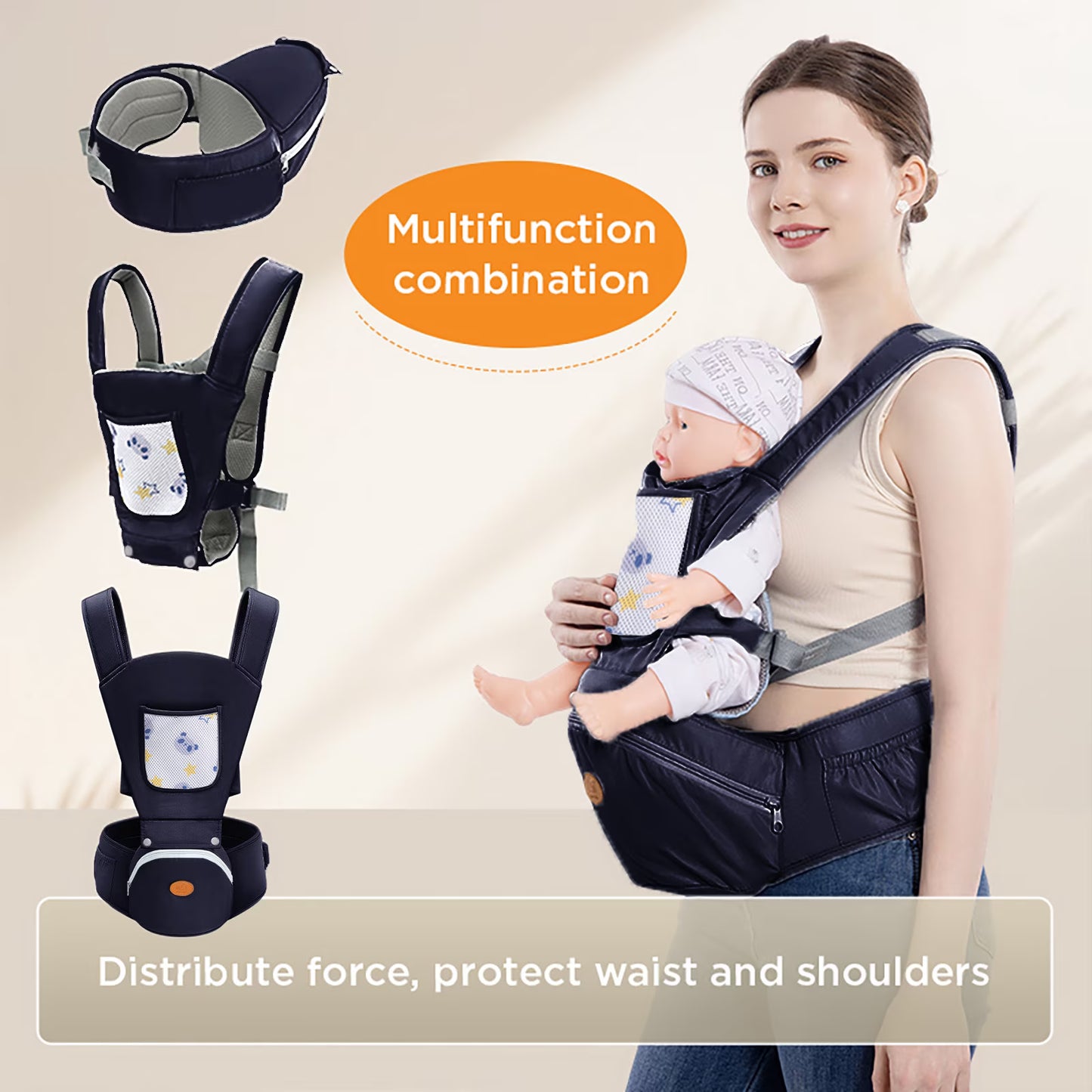 Ficcug 6-in-1 Baby Carrier with Hip Seat, Ergonomic Baby Wraps Carrier, Head Support and Breathable Mesh for Newborn Toddlers up to 44 lbs, Navy