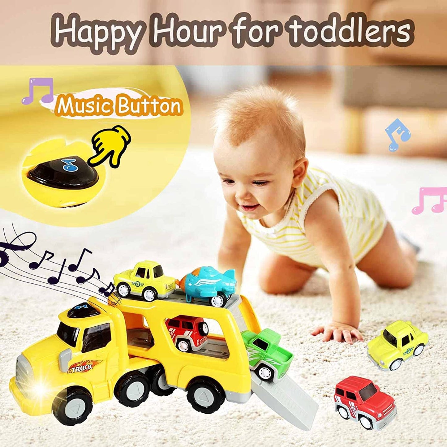 Ficcug 5 in 1 Pull Back Cars for 3-6 Year Old Toddlers,Friction Powered Toy Vehicle in Carrier Truck with Lights Music,Car Toys Set for Aged 1 2 3 4 5 6 7 Kids Boys Girls