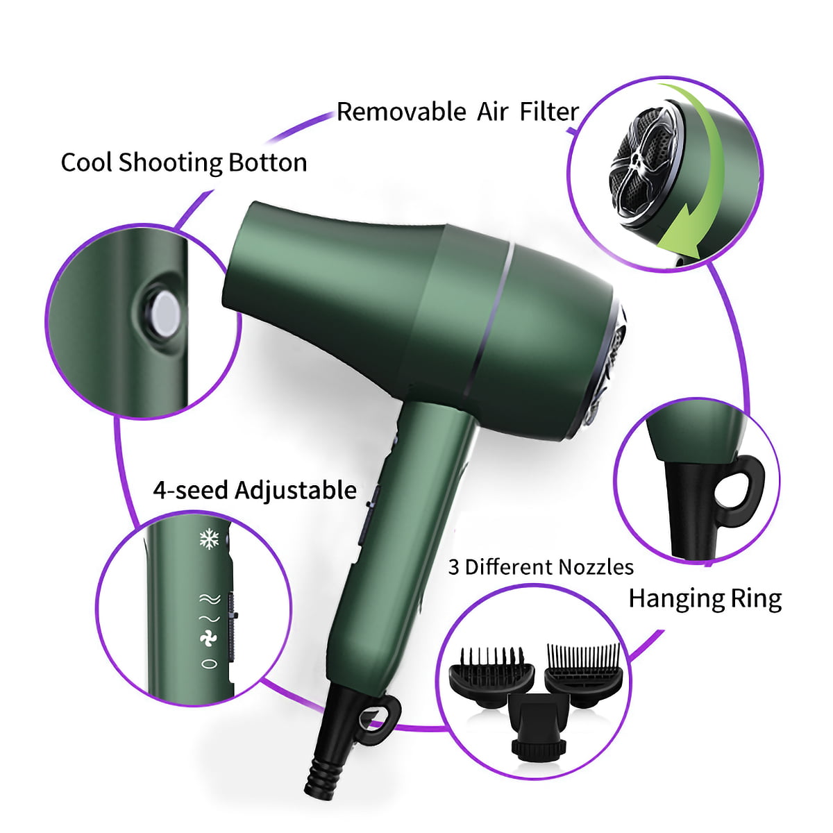 Ficcug Ionic Hair Dryer,Professional Blow Dryer Comb Lightweight with Diffuser, Negative Ion Technolog,3 Speed Hot/Cold Wind for Home Salon Travel,Green