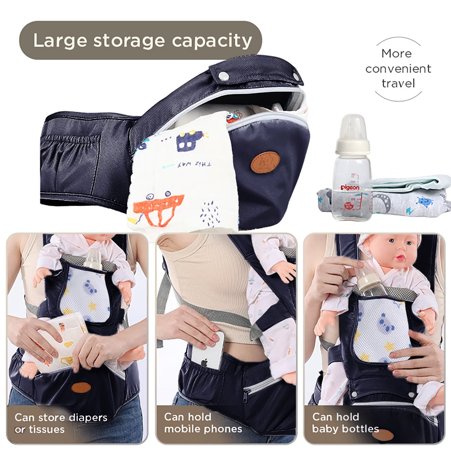 Ficcug 6-in-1 Baby Carrier with Hip Seat, Ergonomic Baby Wraps Carrier, Head Support and Breathable Mesh for Newborn Toddlers up to 44 lbs, Navy