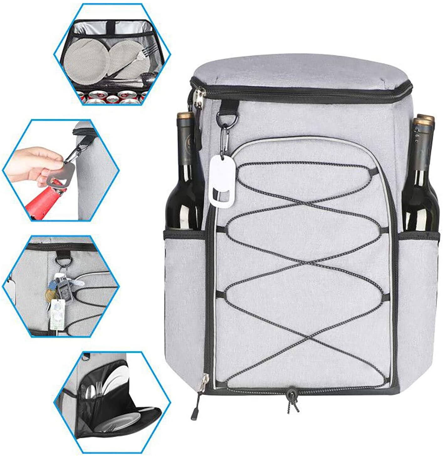 Ficcug Insulated Cooler Backpack 25-30 Cans/L,Waterproof Leakproof Soft Cooler Bag for Travel Camping Hiking Beach Lunch Picnic,Gray