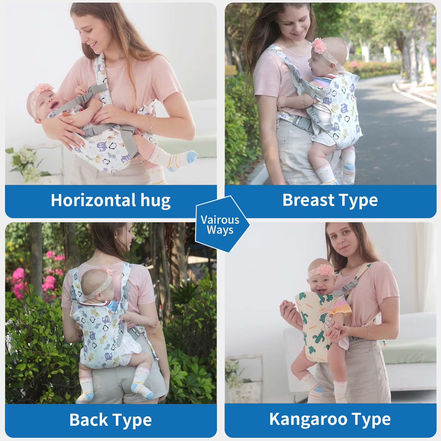 Ficcug 4 in 1 Baby Carrier,Ergonomic Infant Carrier Backpack,Breathable Front Back Carrying Wrap Seat for Newborn Toddlers up to 33 lbs,Colorful