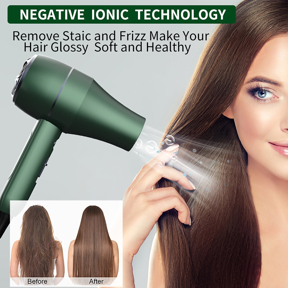 Ficcug Ionic Hair Dryer,Professional Blow Dryer Comb Lightweight with Diffuser, Negative Ion Technolog,3 Speed Hot/Cold Wind for Home Salon Travel,Green