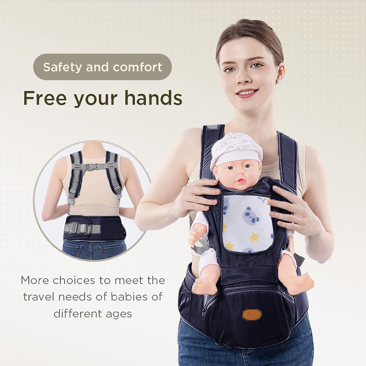Ficcug 6-in-1 Baby Carrier with Hip Seat, Ergonomic Baby Wraps Carrier, Head Support and Breathable Mesh for Newborn Toddlers up to 44 lbs, Navy