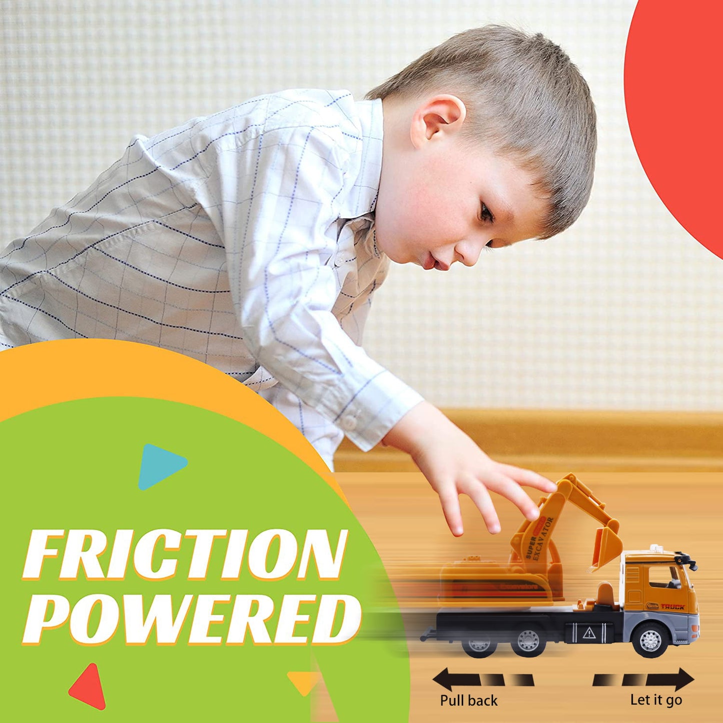 Ficcug 2 Pack Friction Powered Construction Vehicle Toys Trucks,Engineering Excavator Toy Cement Mixer,Pull Back Cars for 3-6 Year Old Boys Girls Toddlers Kids