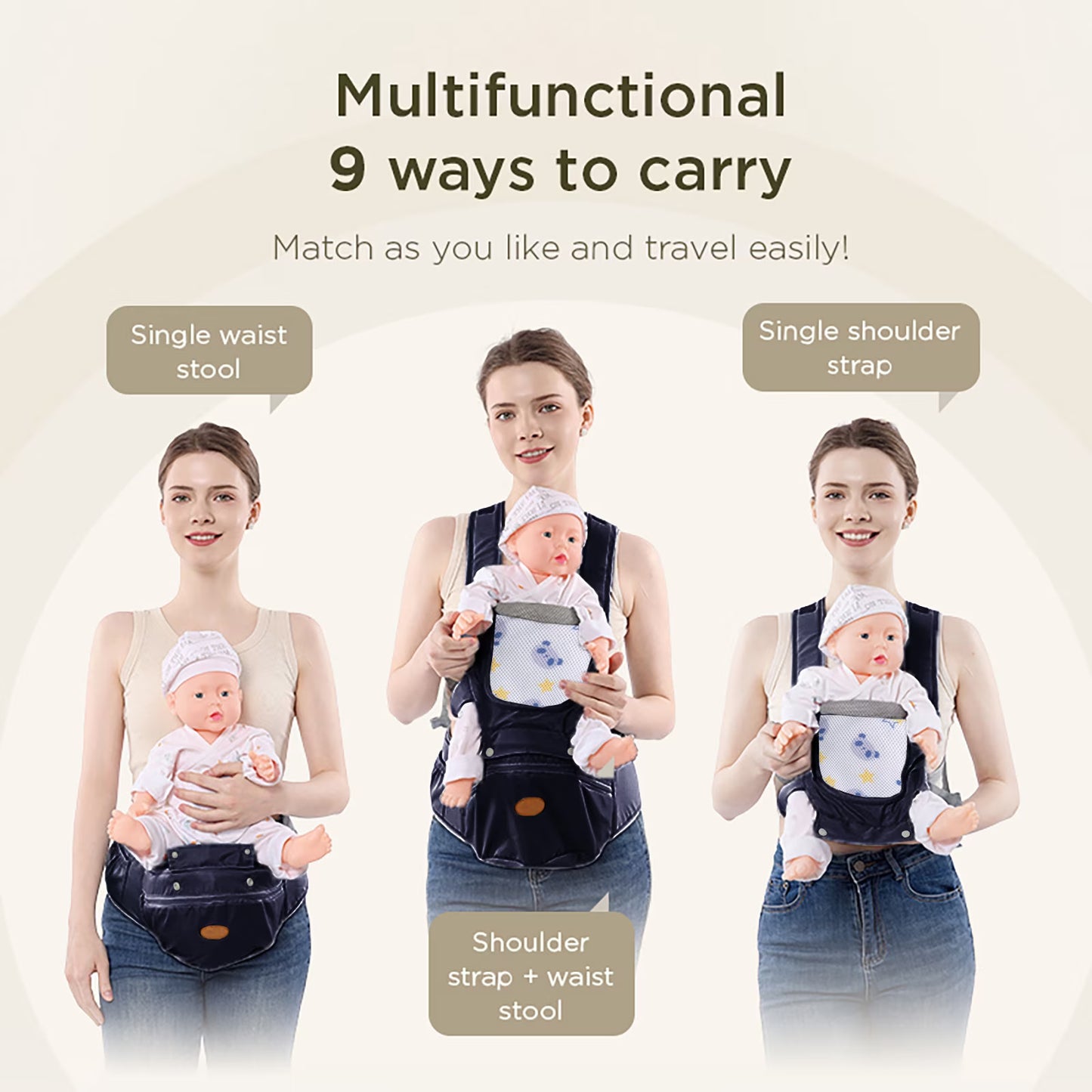Ficcug 6-in-1 Baby Carrier with Hip Seat, Ergonomic Baby Wraps Carrier, Head Support and Breathable Mesh for Newborn Toddlers up to 44 lbs, Navy