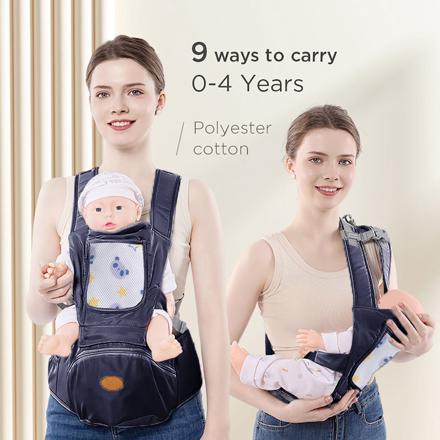 Ficcug 6-in-1 Baby Carrier with Hip Seat, Ergonomic Baby Wraps Carrier, Head Support and Breathable Mesh for Newborn Toddlers up to 44 lbs, Navy