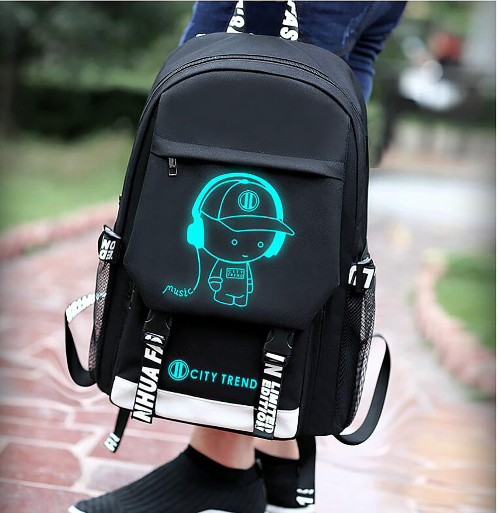 Ficcug Luminous School Bags Backpacks,16" Laptop Backpack,Shoulder Student Travel Bookbags for Boys Girls Women Men Teens,Black