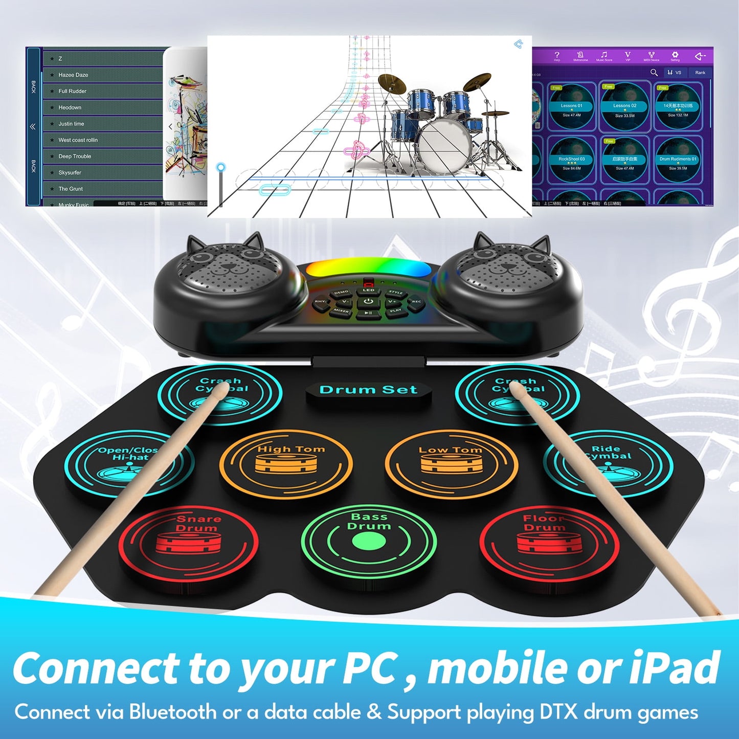 Ficcug Electronic Drum Set for Kids Adults,9 Pads Portable MIDI Roll-up Drum Kit with Dual Speakers / Headset Jack / Drumsticks / Foot Pedals,for Beginners