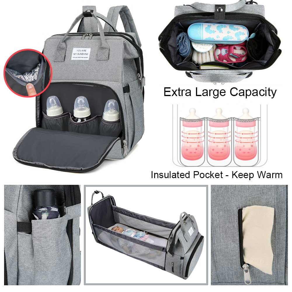 Ficcug Diaper Bag Backpacks,Waterproof Large Baby Nappy Bag with Baby Bed for Boys Girls,Unisex Baby Travel Portable Baby Changing Bag for Mom Dad,Gray