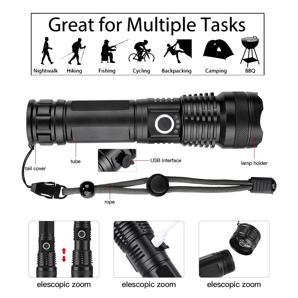 Ficcug Rechargeable LED Flashlight 90000 Lumens Powerful Zoom Torch with Battery for Outdoor Camping