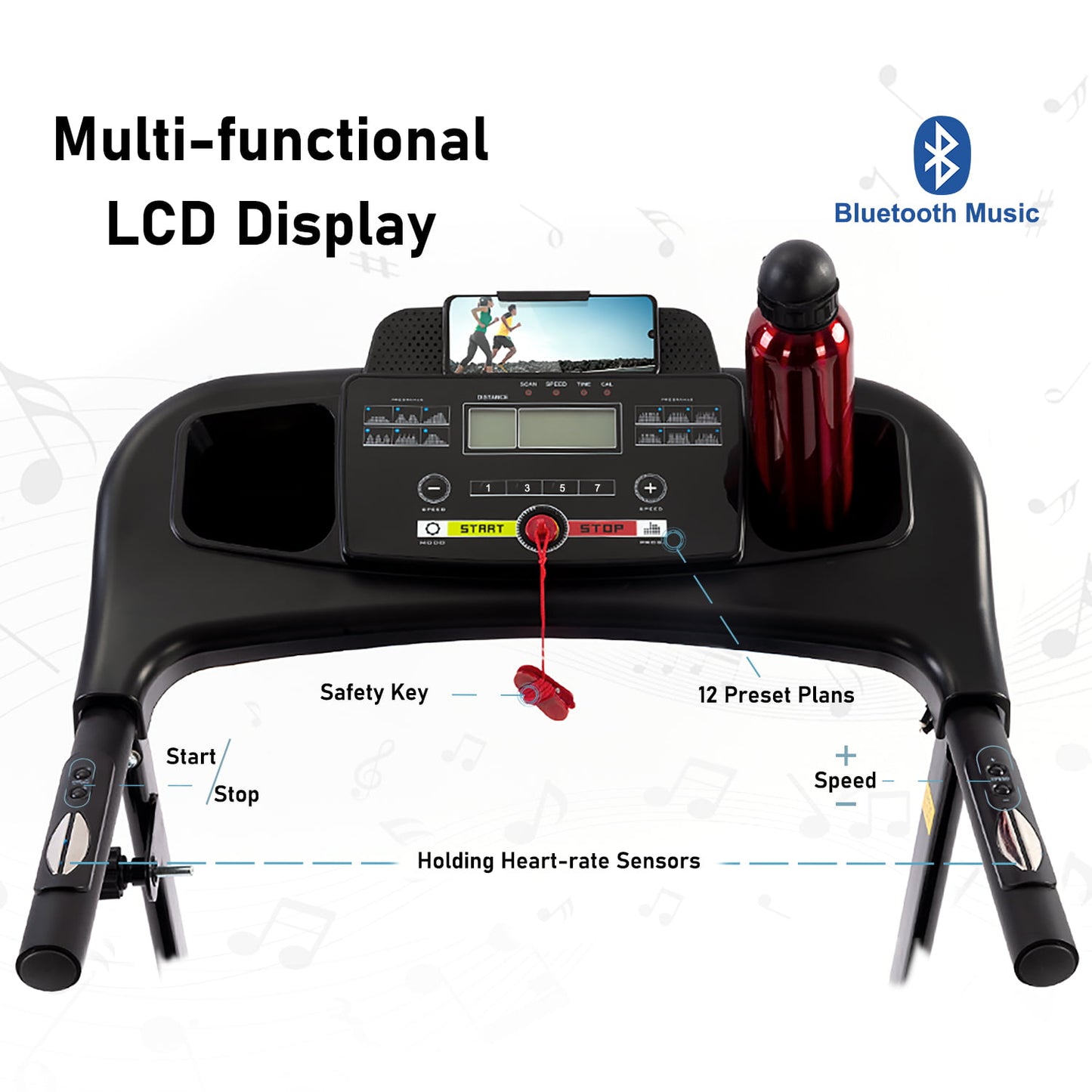 Ficcug 2.5HP Folding Treadmill with Incline / Bluetooth Music,Low Noise Electric Portable Small Running Walking Machine,Under Desk Treadmill for Home Jogging Exercise Gym Fitness