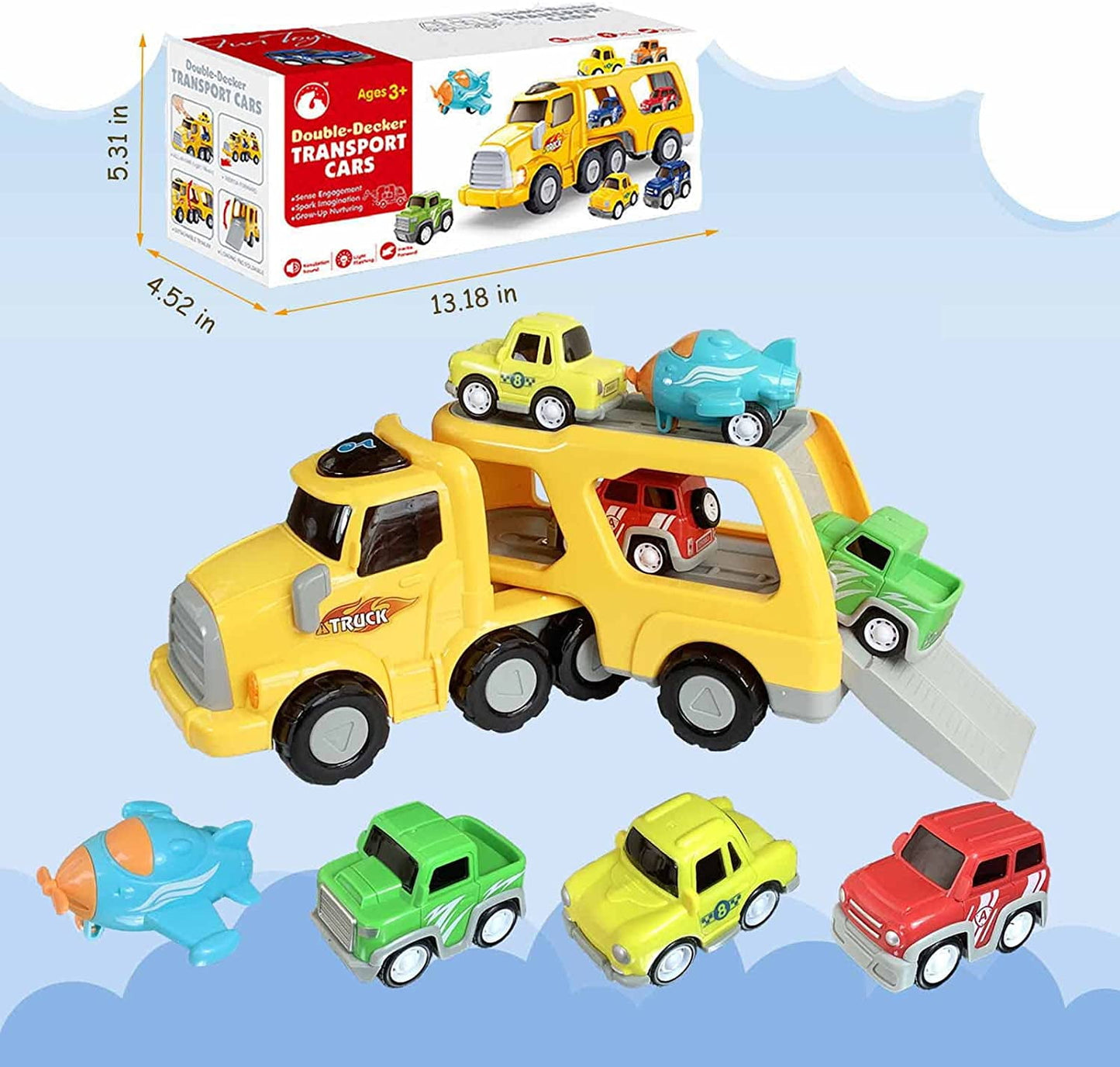 Ficcug 5 in 1 Pull Back Cars for 3-6 Year Old Toddlers,Friction Powered Toy Vehicle in Carrier Truck with Lights Music,Car Toys Set for Aged 1 2 3 4 5 6 7 Kids Boys Girls