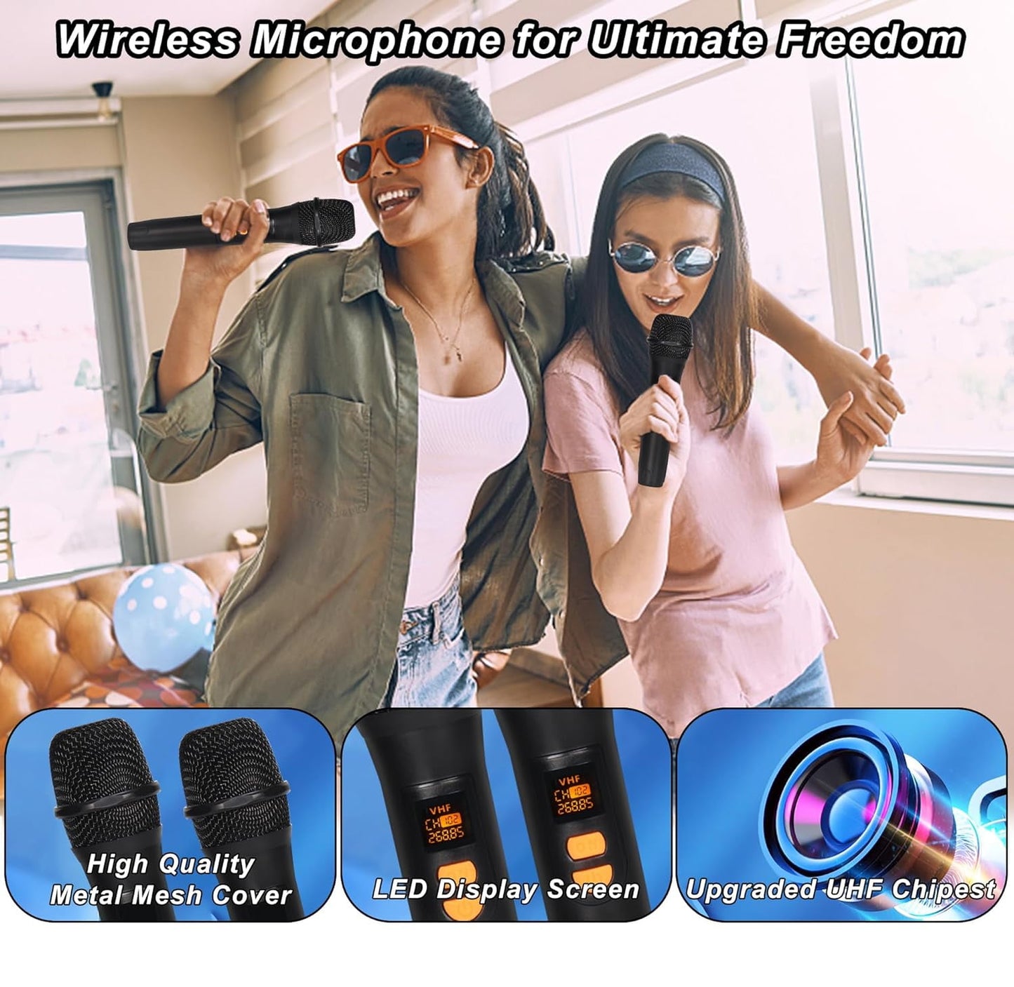 Burufy Bluetooth Karaoke Machine for Adults and Kids with 2 Wireless Microphone / PA System,Portable Singing Machine TWS Speaker System for Party Birthday