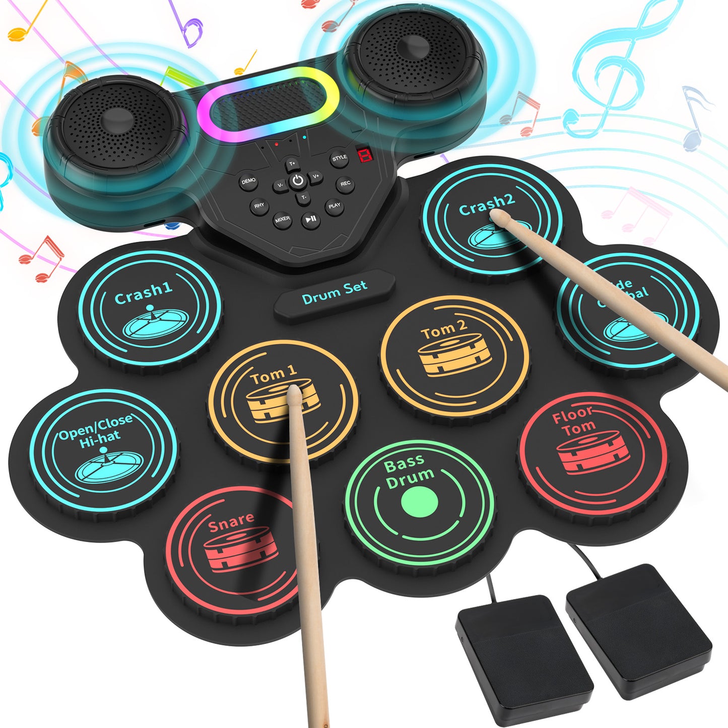 Ficcug Electronic Drum Set for Kids Adults,9 Pads Portable MIDI Roll-up Drum Kit with Dual Speakers / Headset Jack / Drumsticks / Foot Pedals,for Beginners