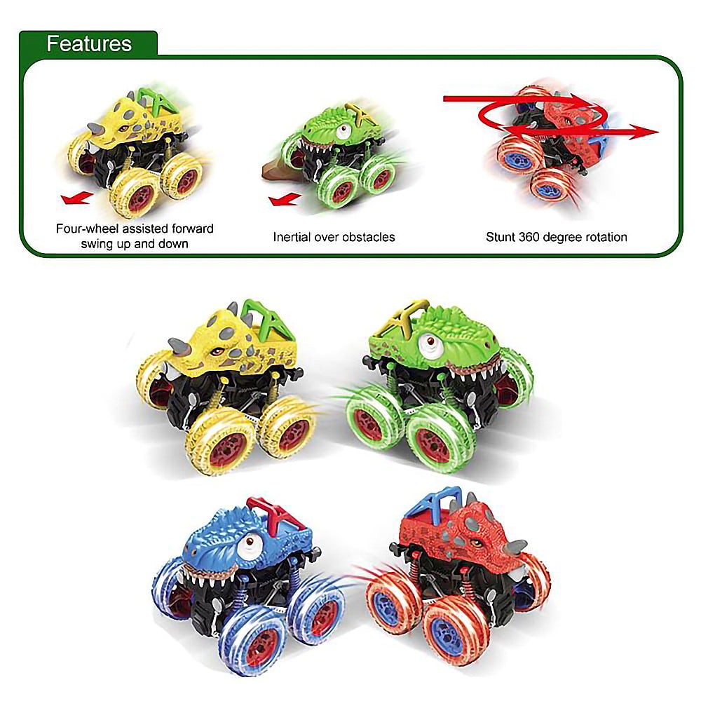 Ficcug 2 Pack Friction Powered Car Toys,Dinosaur Monster Pull Back Trucks for Kids,Stunt 360°Spin Off-Road Vehicle,Toddler Toys Inertia Car Toys for 3 4 5 6+ Year Old Boys Girls