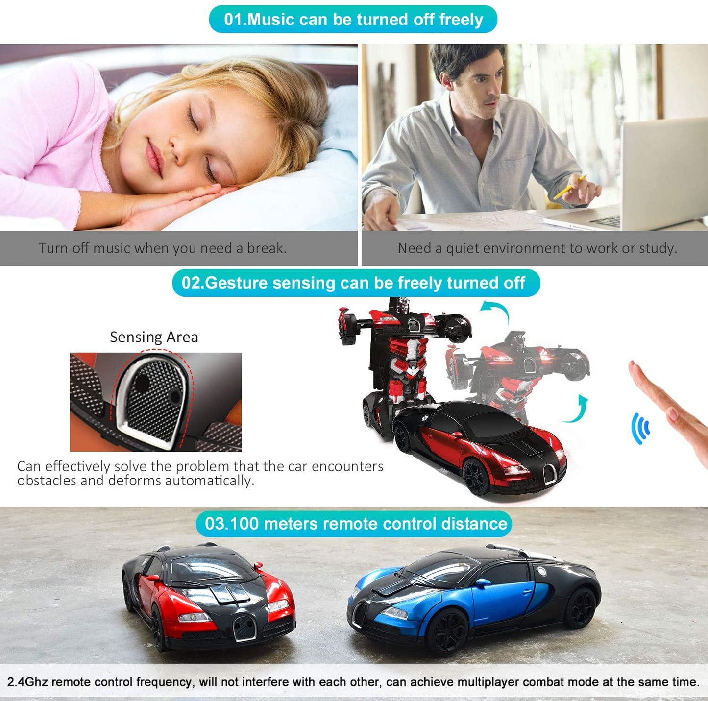 Ficcug Remote Control Transforming Car Robot Toys,2.4GHz 1/14 Scale Transform RC Cars Toys with LED Lights / Sounds / Gesture Sensing for Kids Boys Girls Birthday Christmas Gifts