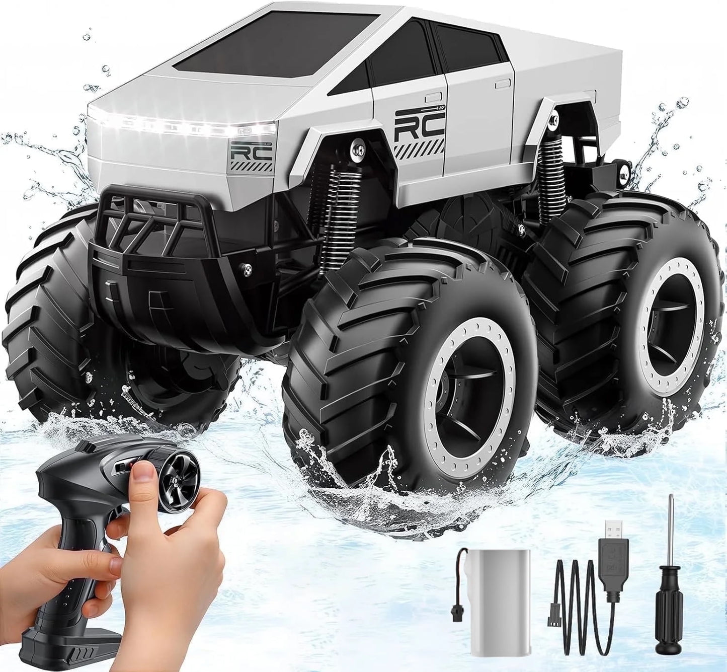 Ficcug Remote Control Cars,2 in 1 Land Water Monster Truck Toy,1:16 4WD off Road RC Cars for All Terrain,Gifts for Kids Boys Girls,Black
