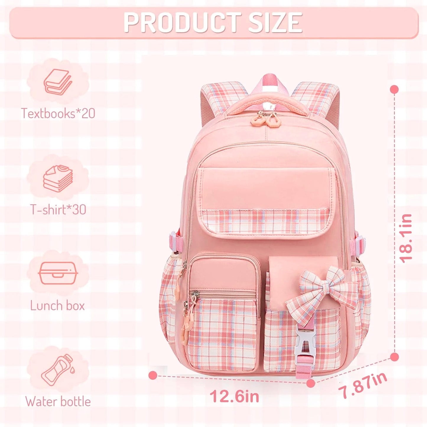 Ficcug Girls School Backpacks,Fashion School Bag for Kids Teens,30L Waterproof Students Bookbags for Elementary Middle,Pink