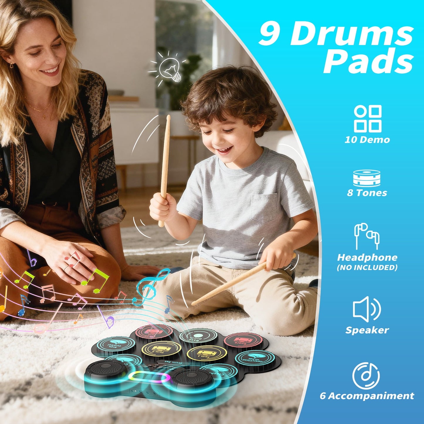Ficcug Electronic Drum Set for Kids Adults,9 Pads Portable MIDI Roll-up Drum Kit with Dual Speakers / Headset Jack / Drumsticks / Foot Pedals,for Beginners
