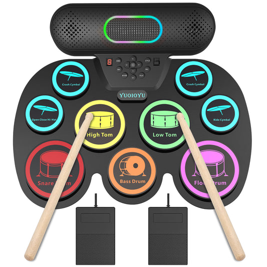 Ficcug Electronic Drum Set for Kids Adults,9 Pads Portable MIDI Roll-up Drum Kit with Dual Speakers / Headset Jack / Drumsticks / Foot Pedals,for Beginners