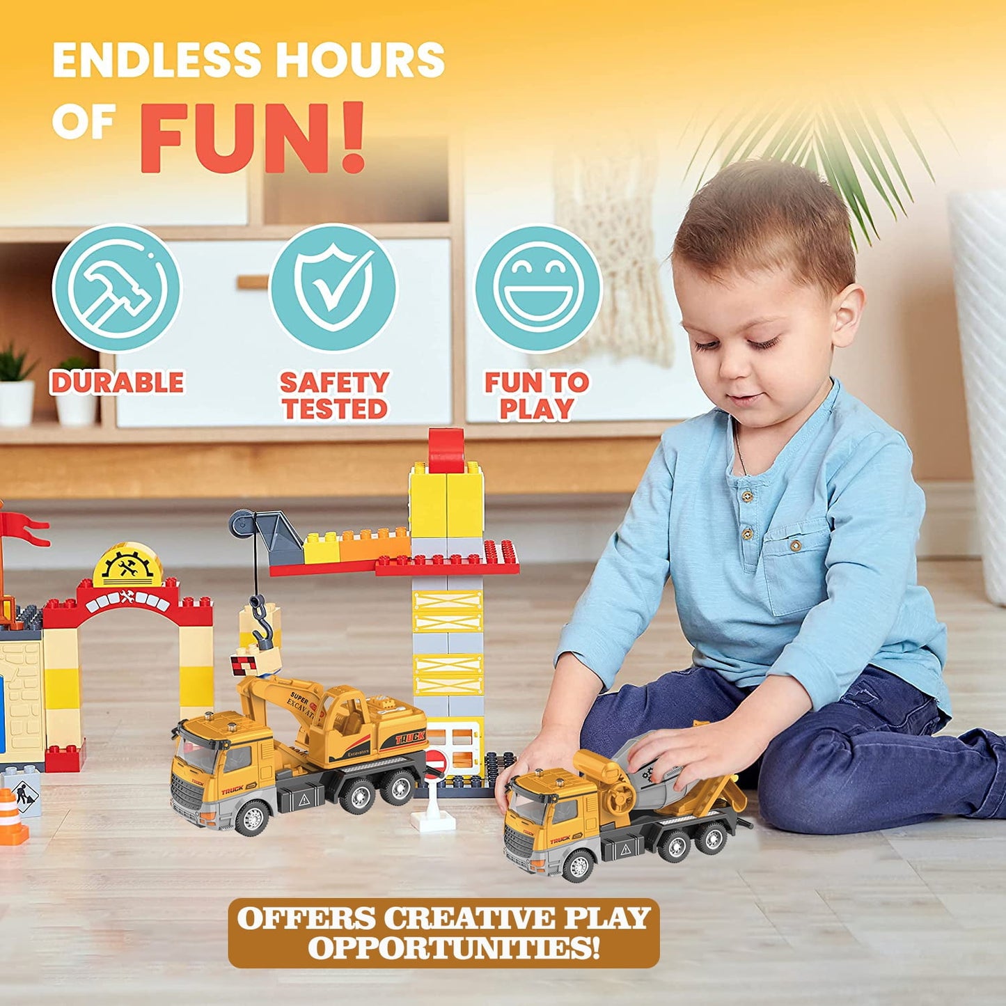 Ficcug 2 Pack Friction Powered Construction Vehicle Toys Trucks,Engineering Excavator Toy Cement Mixer,Pull Back Cars for 3-6 Year Old Boys Girls Toddlers Kids