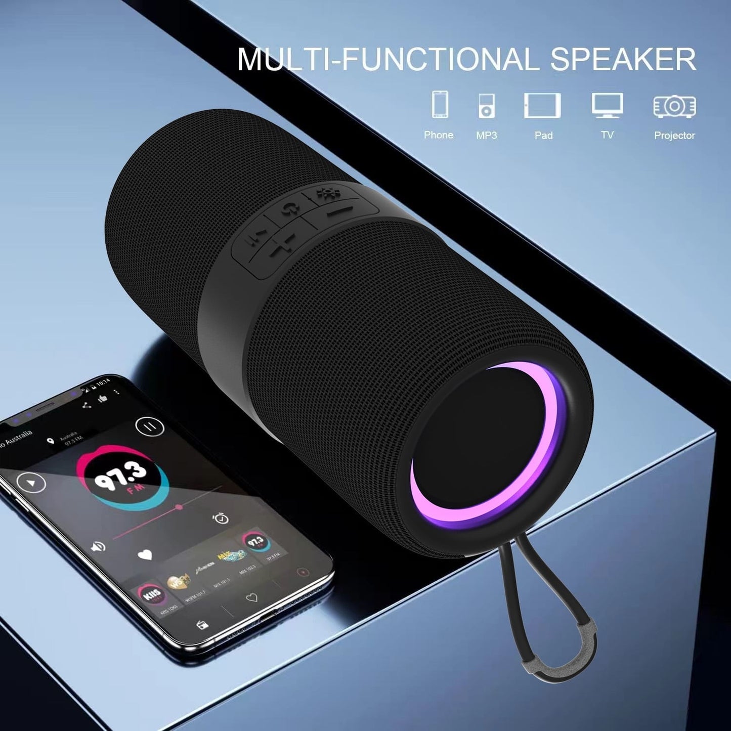 Ficcug Portable Wireless Bluetooth Speaker,Waterproof Speaker with LED Lights / Deep Bass,10H Playtime,TWS Pairing for Outdoor Party,Black