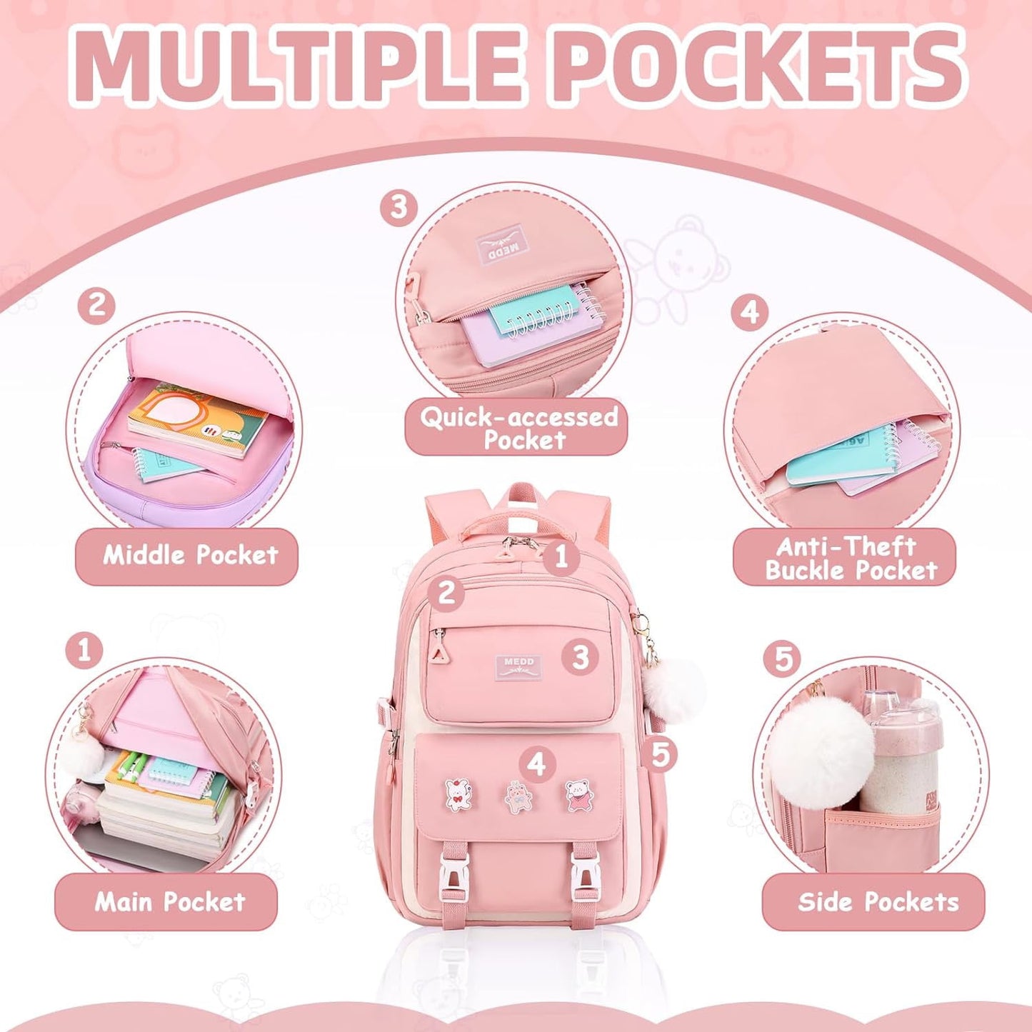 Ficcug School bags for Girls,15.6" Laptop Backpacks Lightweight Travel Bookbags for Kids Teens Women,Pink