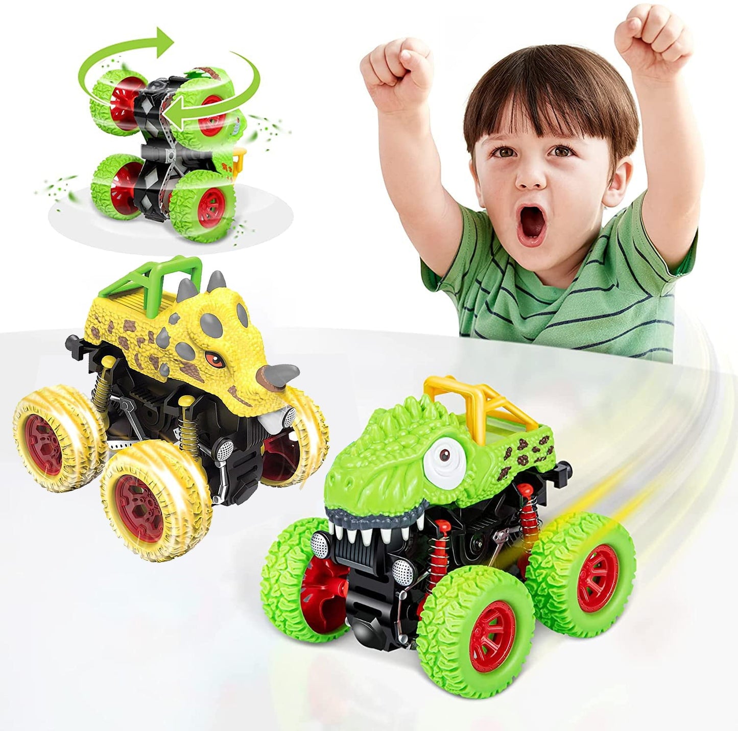Ficcug 2 Pack Friction Powered Car Toys,Dinosaur Monster Pull Back Trucks for Kids,Stunt 360°Spin Off-Road Vehicle,Toddler Toys Inertia Car Toys for 3 4 5 6+ Year Old Boys Girls