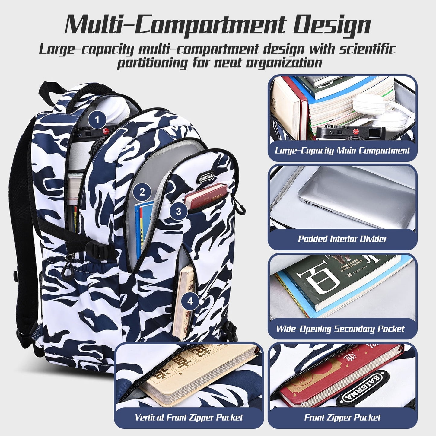 Ficcug School Backpack for 16" Laptop,Fashion Waterproof School Bag for Boys Girls Women Men Teens,Middle / High / College Bookbags,Blue