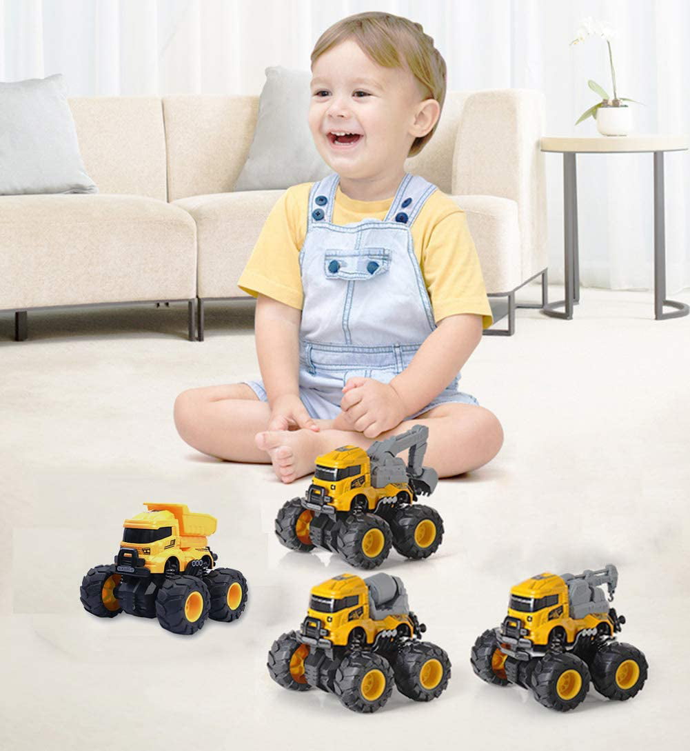 Ficcug 4 Pcs Pull Back Cars Construction Excavator Toy Truck Friction Powered Push/Go Toy Cars for 3+ Year Old Toddlers Kids Boys Girls