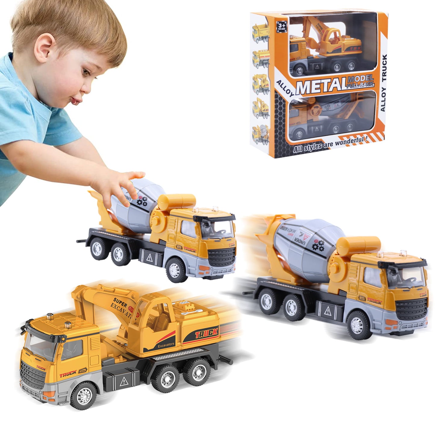 Ficcug 2 Pack Friction Powered Construction Vehicle Toys Trucks,Engineering Excavator Toy Cement Mixer,Pull Back Cars for 3-6 Year Old Boys Girls Toddlers Kids