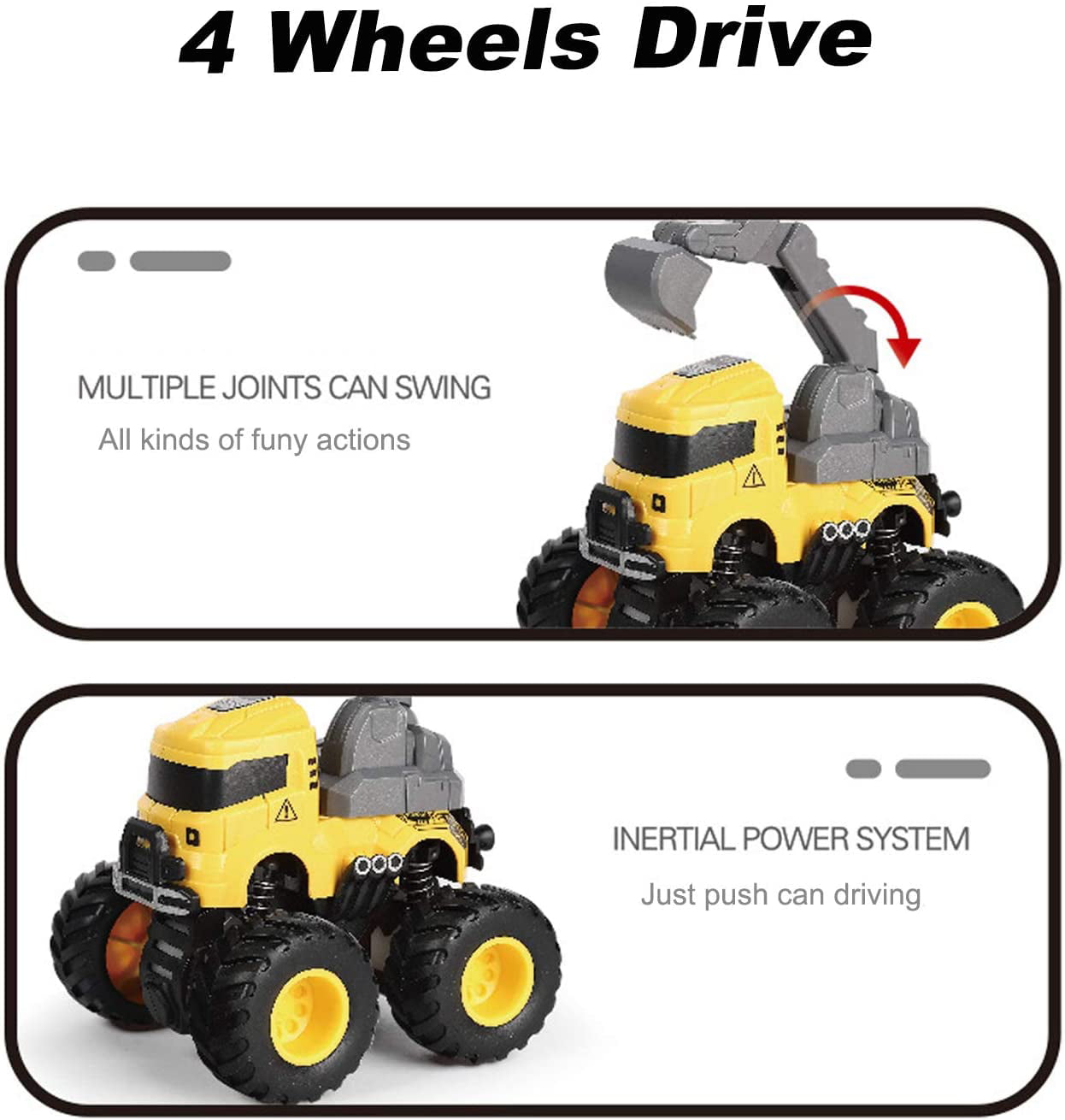 Ficcug 4 Pcs Pull Back Cars Construction Excavator Toy Truck Friction Powered Push/Go Toy Cars for 3+ Year Old Toddlers Kids Boys Girls