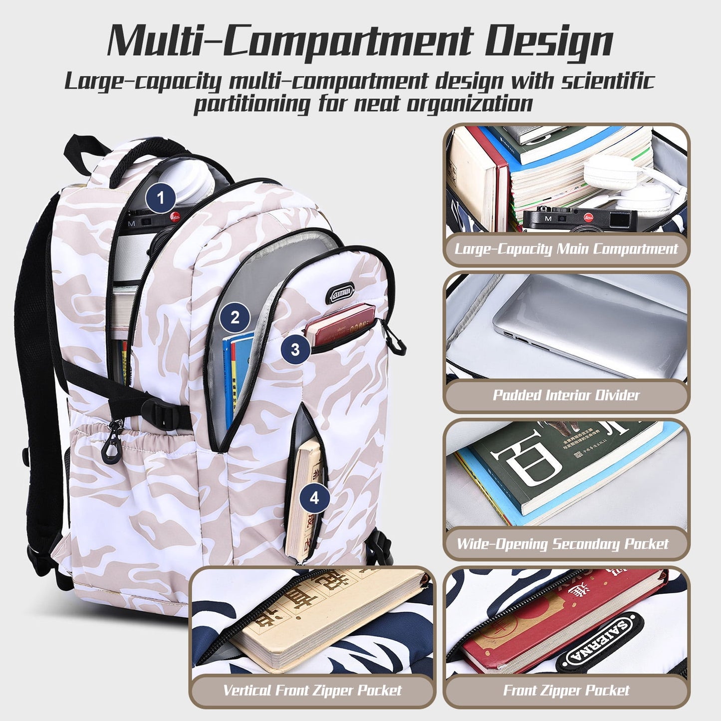 Ficcug School Backpack for 16" Laptop,Fashion Waterproof School Bag for Boys Girls Women Men Teens,Middle / High / College Bookbags,Brown