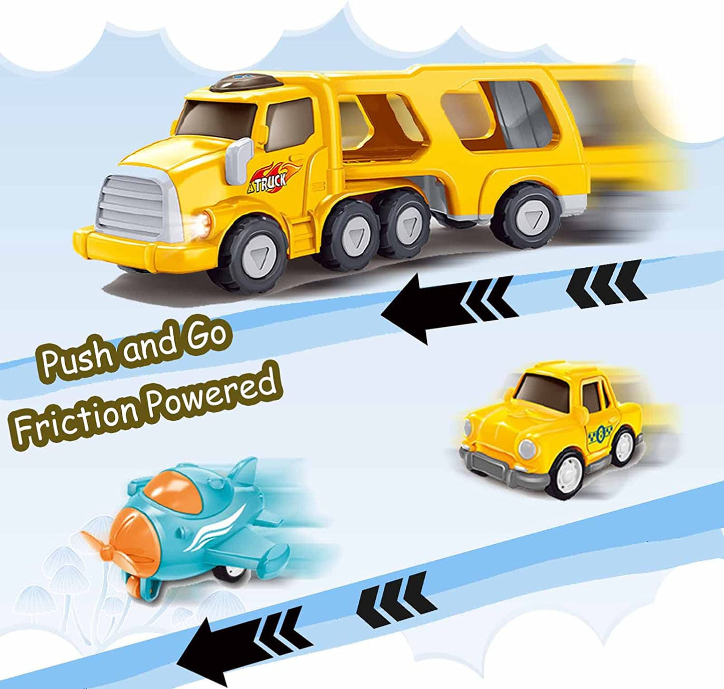 Ficcug 5 in 1 Pull Back Cars for 3-6 Year Old Toddlers,Friction Powered Toy Vehicle in Carrier Truck with Lights Music,Car Toys Set for Aged 1 2 3 4 5 6 7 Kids Boys Girls