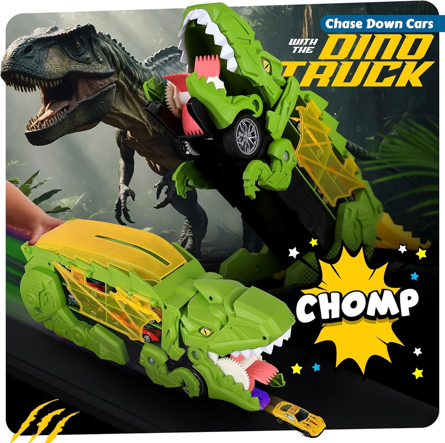 Ficcug Dinosaur Transport Truck Toy with 4 Metal Cars,3-in-1 Dino Hauler with Sliding Race Tracks, Transforms into Triceratops,Gift for Boys Girls Kids Toddlers Ages 3-7