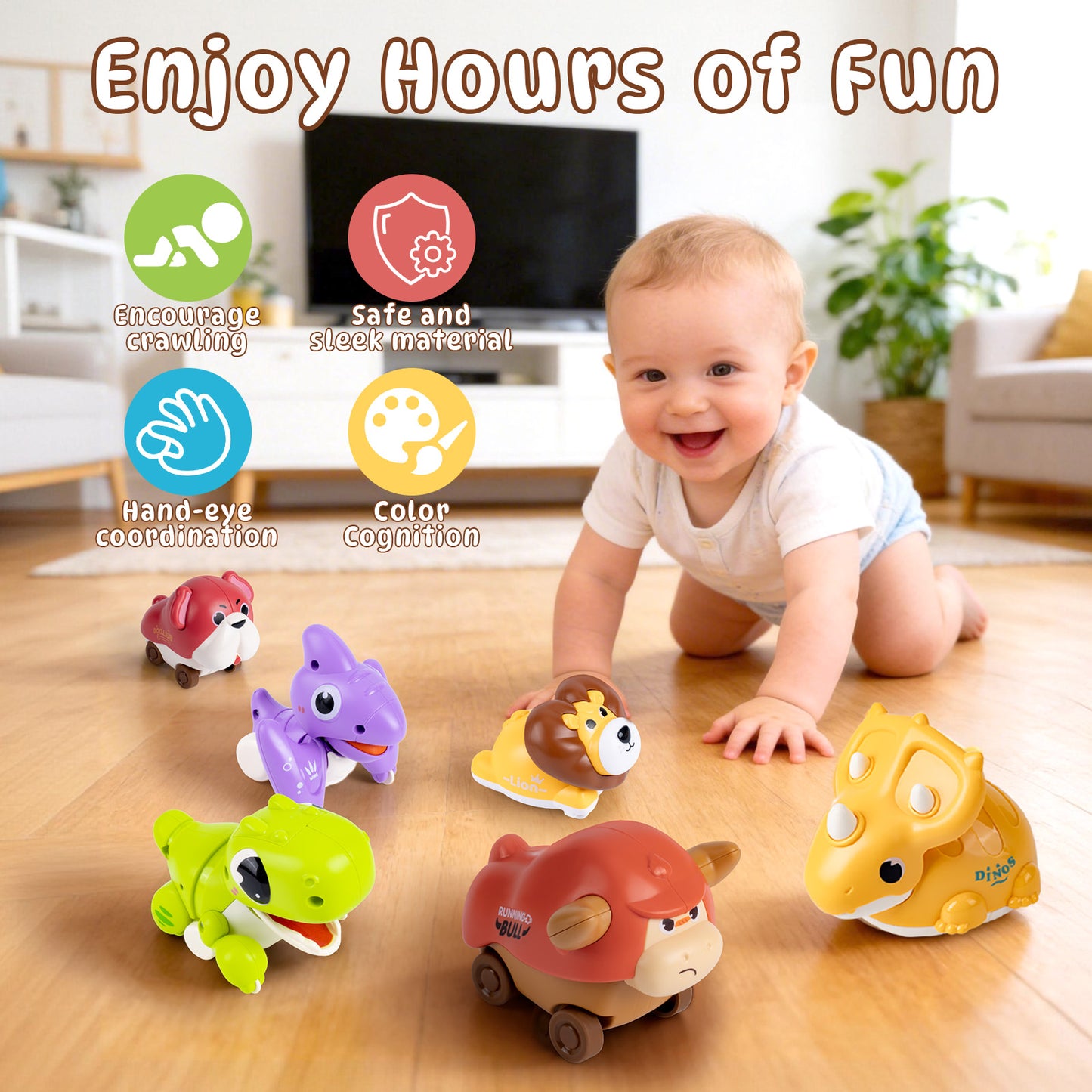 Ficcug 6pcs Press and Go Animal Toy Cars for Toddlers 1-3,Dinosaur Push and Go Friction Powered Vehicles,Baby Toys for 6-12 12-18 Months Boys Girls
